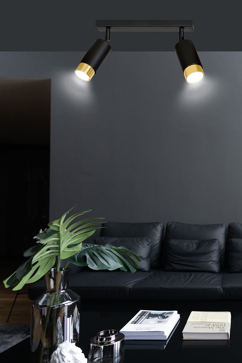 Plafoniera 2 Luci A Faretti Orientabili A Cilindro In Acciaio Nero E Oro in Faretti da soffitto LuceArt - Montecorvino Pugliano, commercioVirtuoso.it