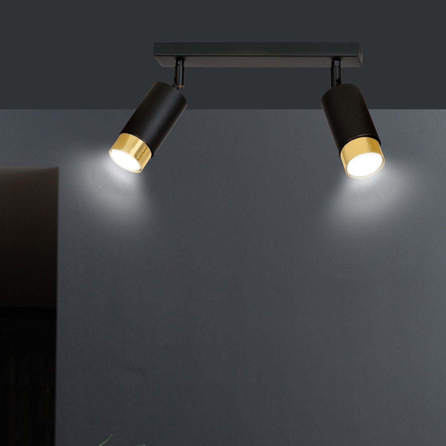 Plafoniera 2 Luci A Faretti Orientabili A Cilindro In Acciaio Nero E Oro in Faretti da soffitto LuceArt - Montecorvino Pugliano, commercioVirtuoso.it