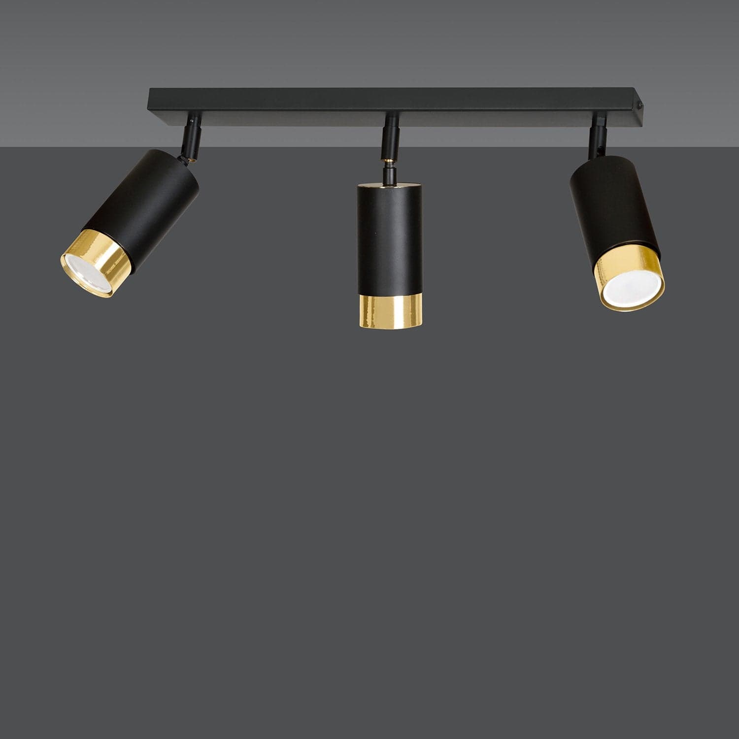 Plafoniera 3 Luci A Faretti Orientabili A Cilindro In Acciaio Nero E Oro in Faretti da soffitto LuceArt - Montecorvino Pugliano, commercioVirtuoso.it