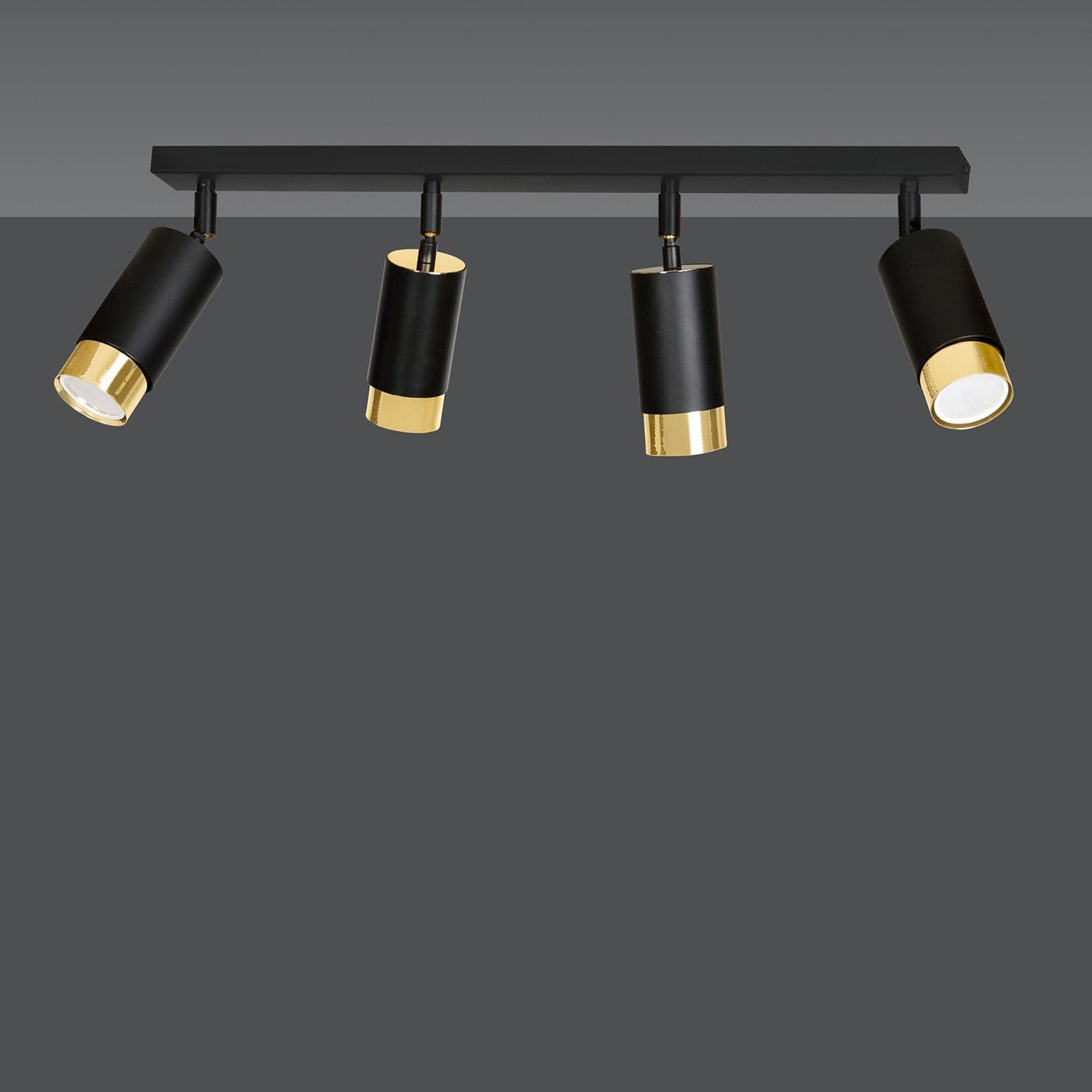 Plafoniera 4 Luci A Faretti Orientabili A Cilindro In Acciaio Nero E Oro in Faretti da soffitto LuceArt - Montecorvino Pugliano, commercioVirtuoso.it