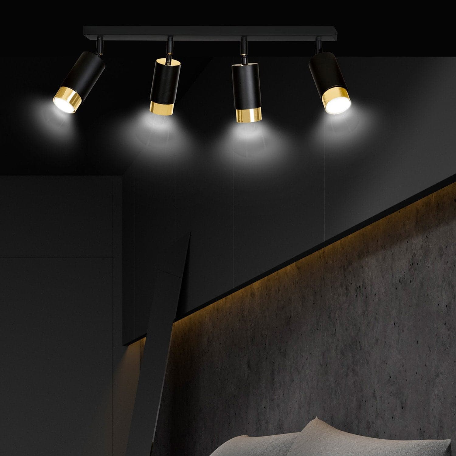 Plafoniera 4 Luci A Faretti Orientabili A Cilindro In Acciaio Nero E Oro in Faretti da soffitto LuceArt - Montecorvino Pugliano, commercioVirtuoso.it