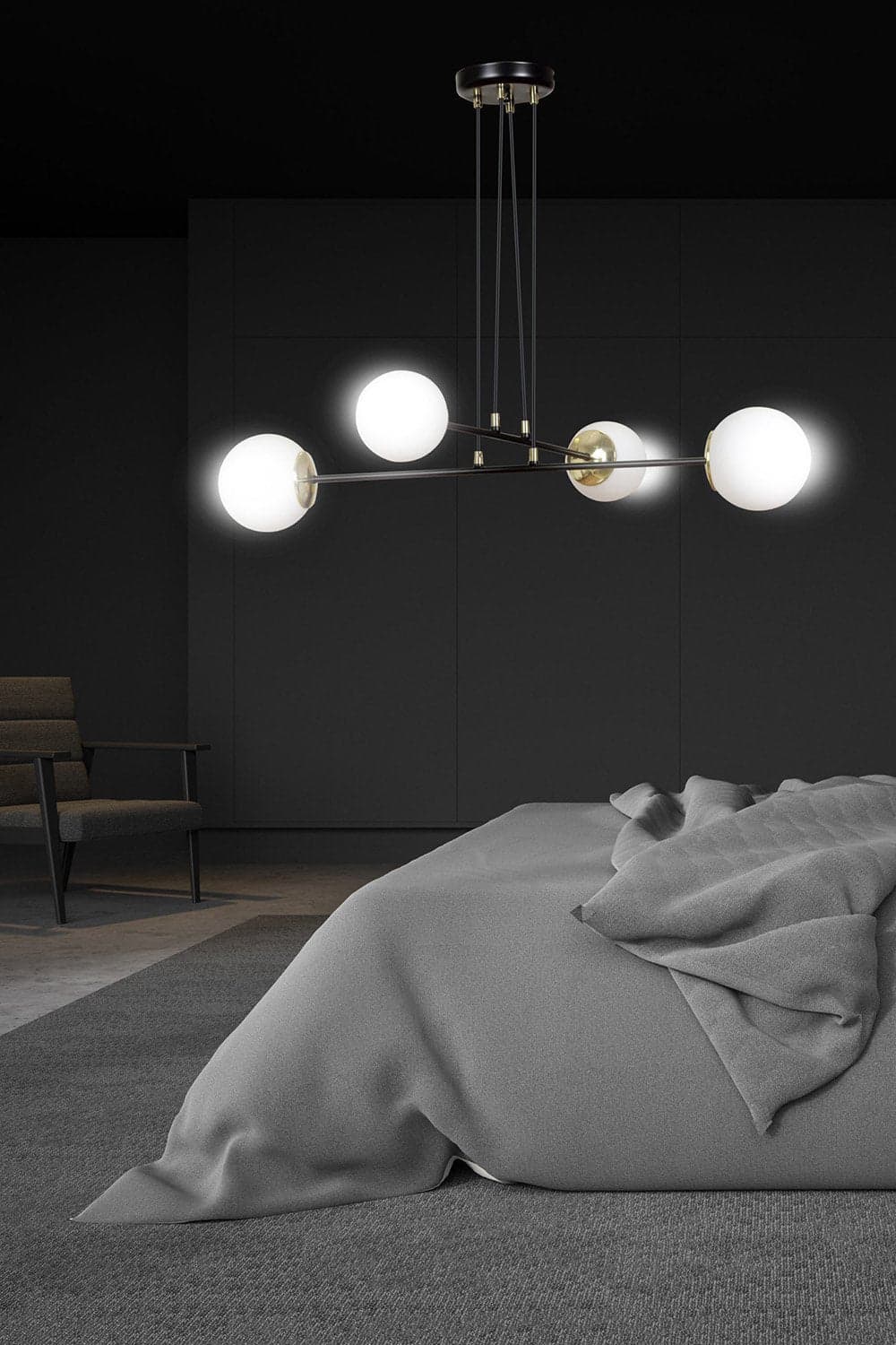 Lampadario Moderno 4 Luci Ognis In Acciaio Nero E Oro E Vetro A Sfera Opale in Lampade a sospensione LuceArt - Montecorvino Pugliano, commercioVirtuoso.it