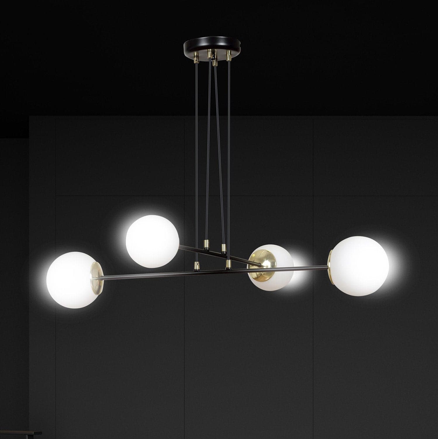 Lampadario Moderno 4 Luci Ognis In Acciaio Nero E Oro E Vetro A Sfera Opale in Lampade a sospensione LuceArt - Montecorvino Pugliano, commercioVirtuoso.it