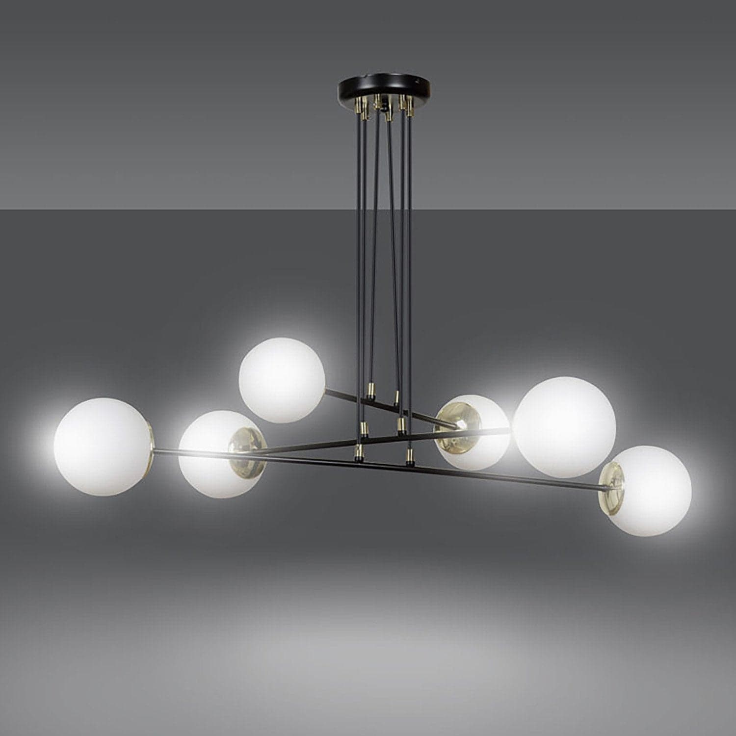 Lampadario Moderno 6 Luci Ognis In Acciaio Nero E Oro E Vetro A Sfera Opale in Lampade a sospensione LuceArt - Montecorvino Pugliano, commercioVirtuoso.it