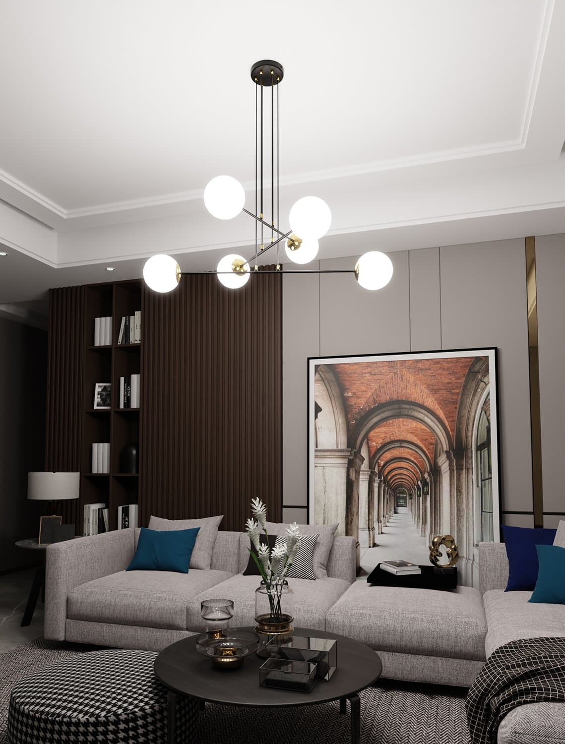 Lampadario Moderno 6 Luci Ognis In Acciaio Nero E Oro E Vetro A Sfera Opale in Lampade a sospensione LuceArt - Montecorvino Pugliano, commercioVirtuoso.it