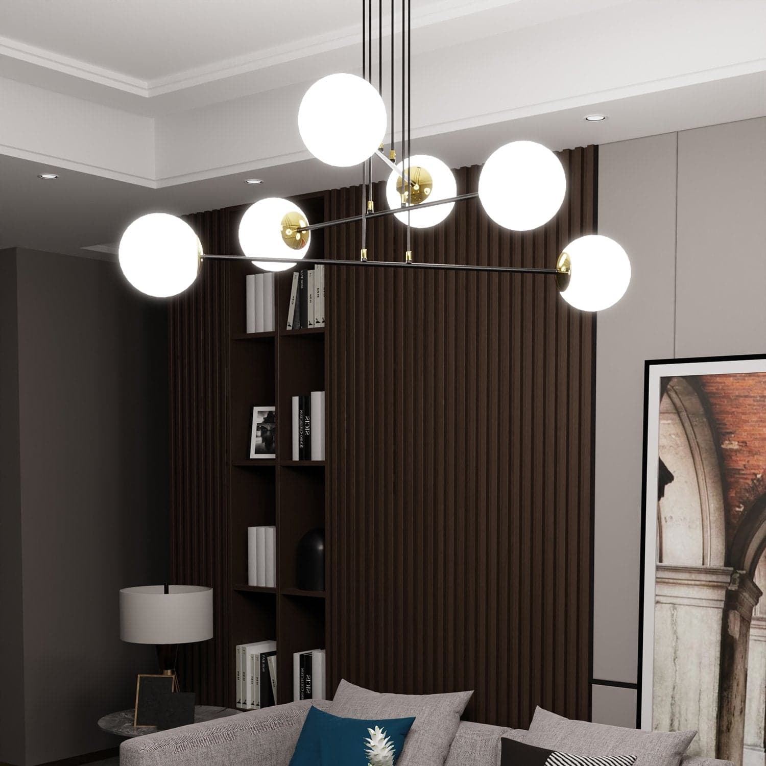 Lampadario Moderno 6 Luci Ognis In Acciaio Nero E Oro E Vetro A Sfera Opale in Lampade a sospensione LuceArt - Montecorvino Pugliano, commercioVirtuoso.it