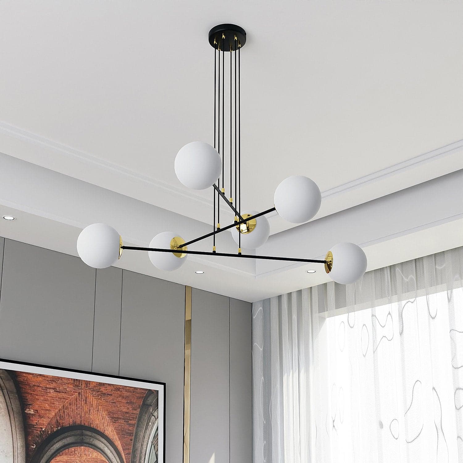 Lampadario Moderno 6 Luci Ognis In Acciaio Nero E Oro E Vetro A Sfera Opale in Lampade a sospensione LuceArt - Montecorvino Pugliano, commercioVirtuoso.it