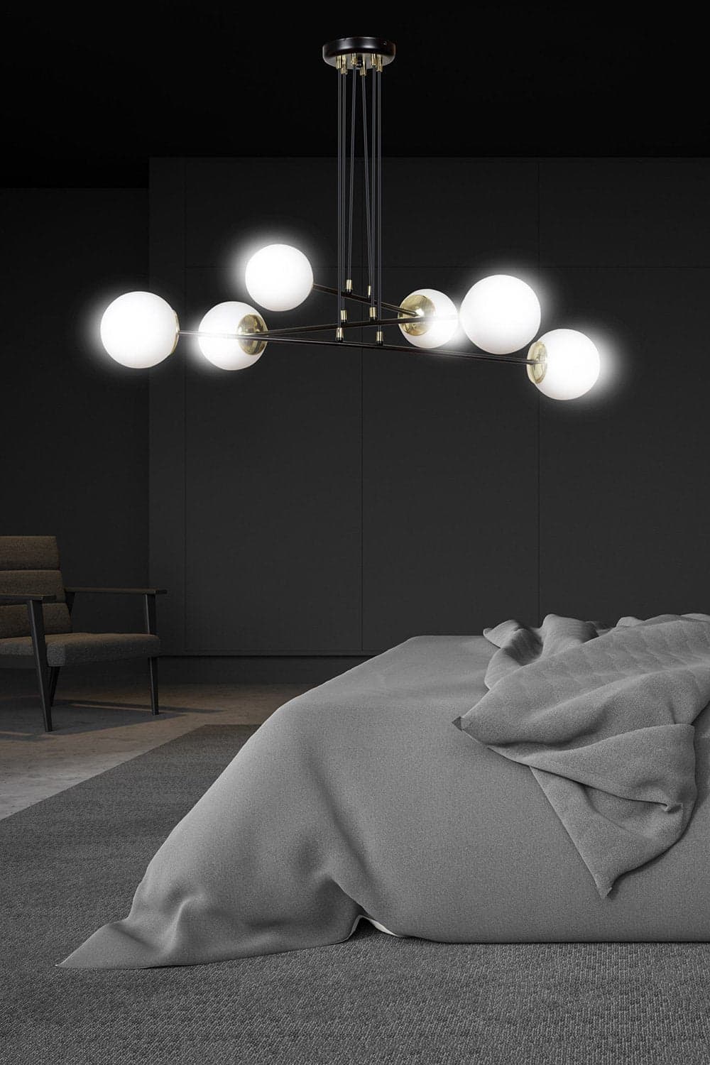 Lampadario Moderno 6 Luci Ognis In Acciaio Nero E Oro E Vetro A Sfera Opale in Lampade a sospensione LuceArt - Montecorvino Pugliano, commercioVirtuoso.it
