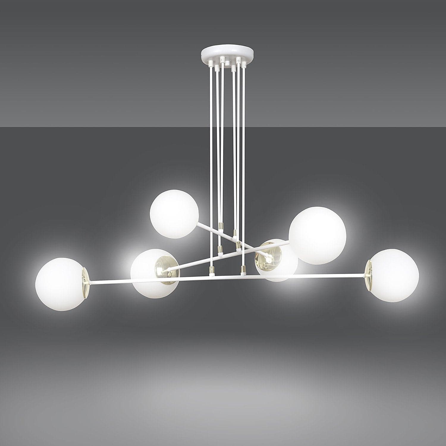 Lampadario Moderno 6 Luci Ognis In Acciaio Bianco E Oro E Vetro A Sfera Opale in Lampadari LuceArt - Montecorvino Pugliano, commercioVirtuoso.it