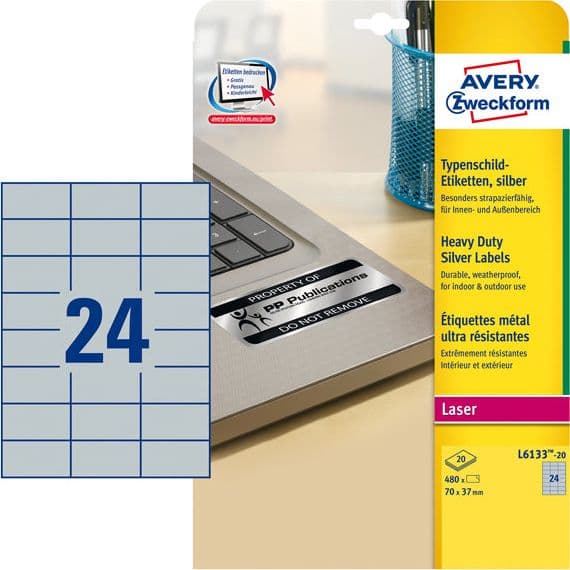 Poliestere adesivo L6133 argento 20fg A4 70x37mm (24et/fg laser Avery