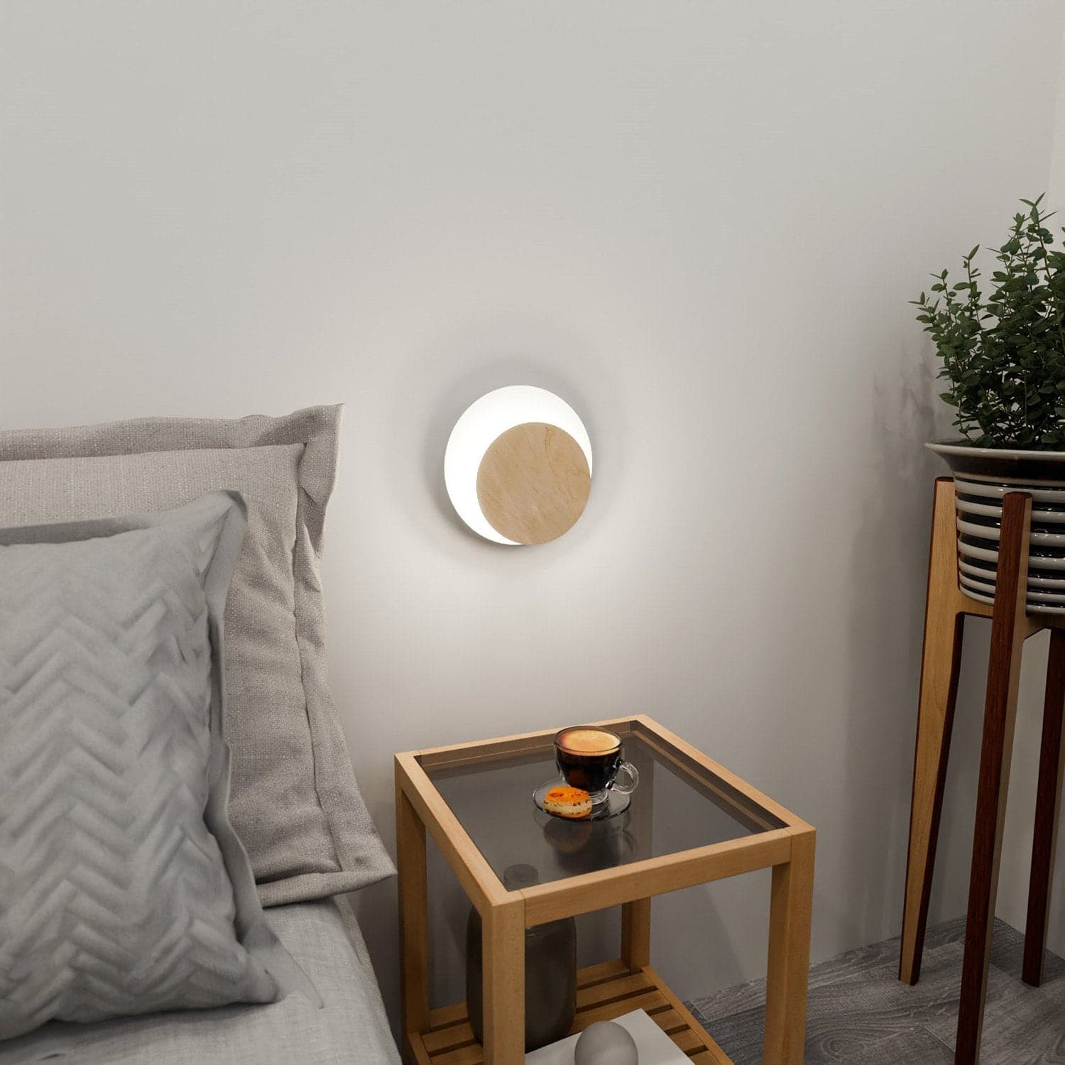 Applique 1 Luce A Disco Con Base In Acciaio Bianco E Legno Naturale in Applique LuceArt - Montecorvino Pugliano, commercioVirtuoso.it