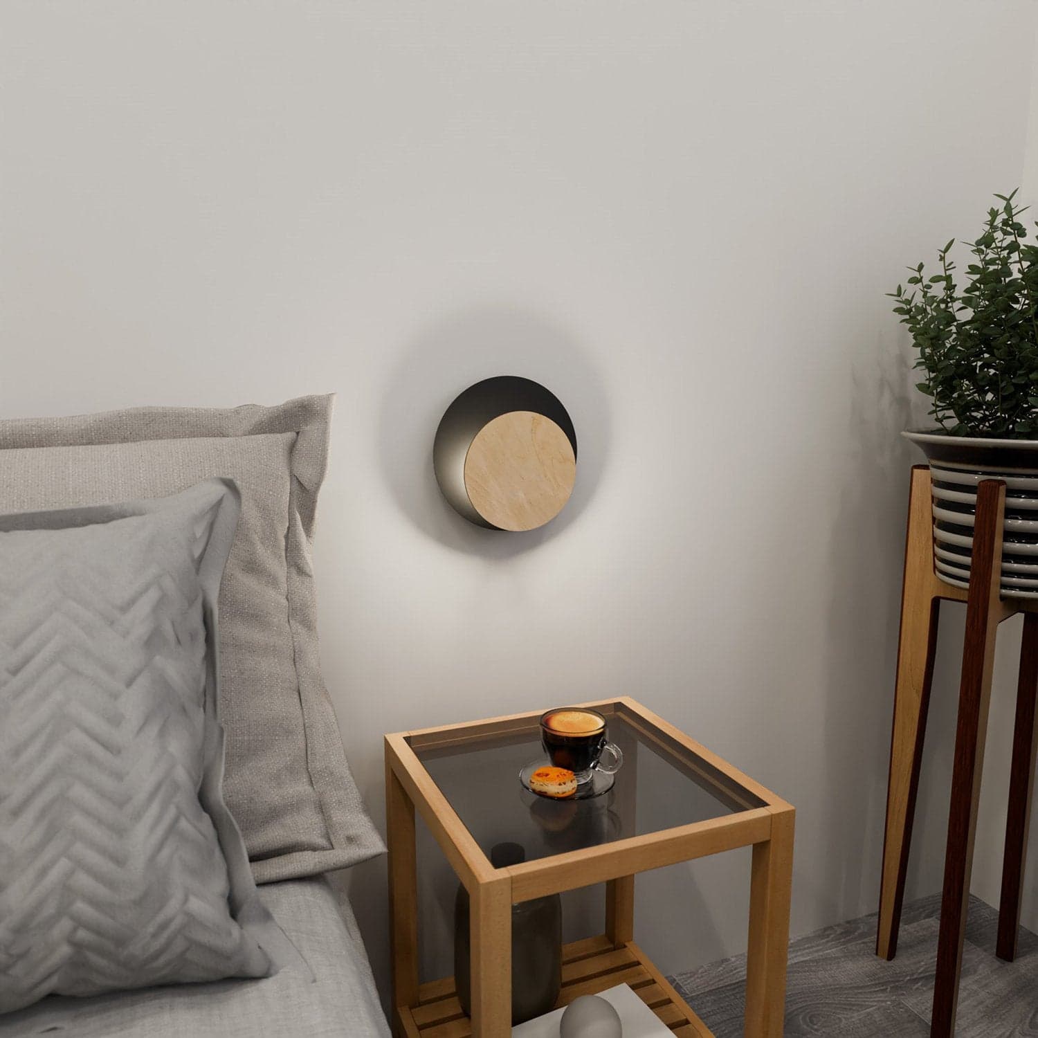 Applique 1 Luce A Disco Con Base In Acciaio Nero E Legno Naturale in Faretti da soffitto LuceArt - Montecorvino Pugliano, commercioVirtuoso.it