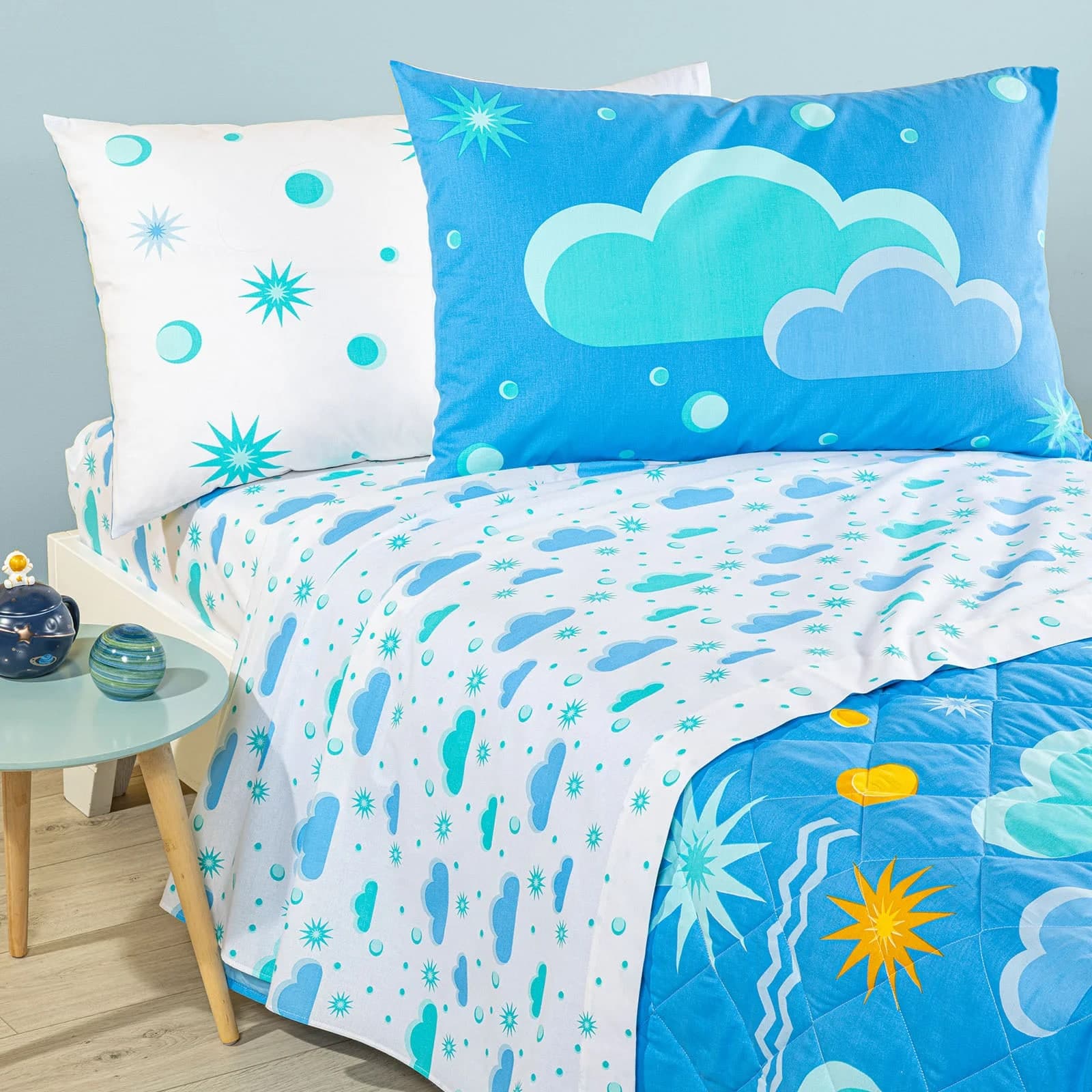 Lenzuola Bimbi Magica Notte ! Caleffi  Puro Cotone Azzurro Puro Cotone Azzurro