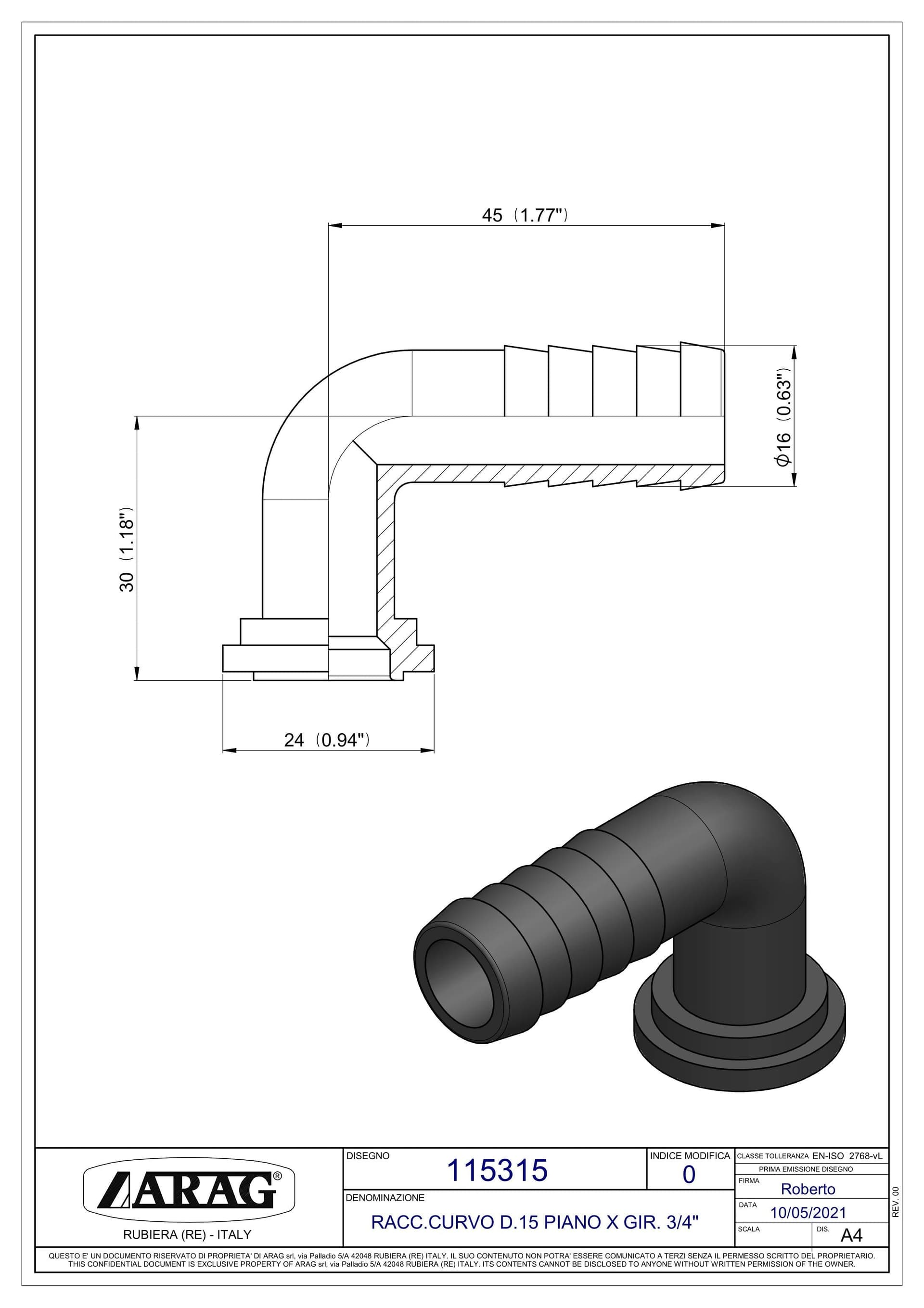 Raccordo portagomma curvo Arag d.16 per girello 3/4" in Parti e connettori GardenStore - Novellara, commercioVirtuoso.it