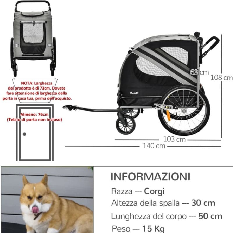 Rimorchio Cani Ingresso a Cerniera Ruote e Bandiera, in Acciaio e tessuto Grigio in Rimorchi per bicicletta Danyx - Casoria, commercioVirtuoso.it