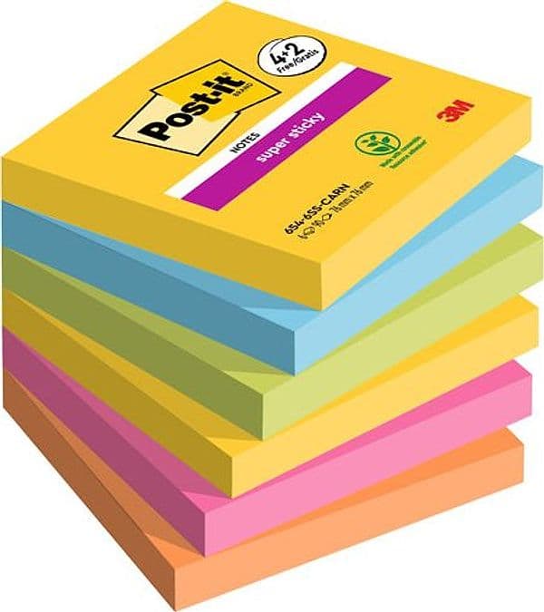 Valuepack 4+2 Post-itÂ® Super Sticky Carnival, 76x76 mm, 90fogl/blocco