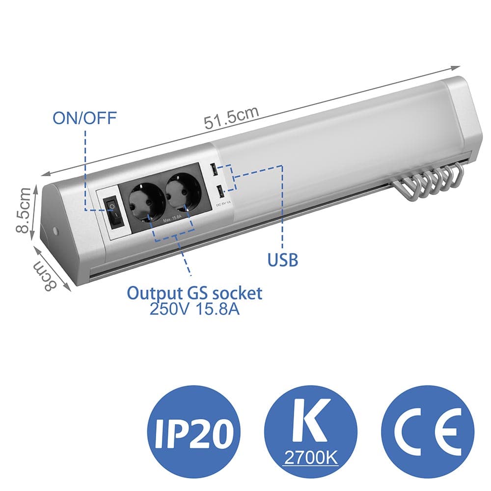 Lampada Sottopensile Cucina Guardaroba Officina Luce Led 2Prese 2USB 5ganci 52cm Alluminio in Luci notturne Danyx - Casoria, commercioVirtuoso.it