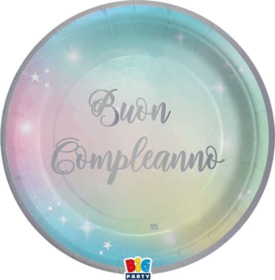 8 piatti D24cm Buon Compleanno Soft Rainbow Big Party