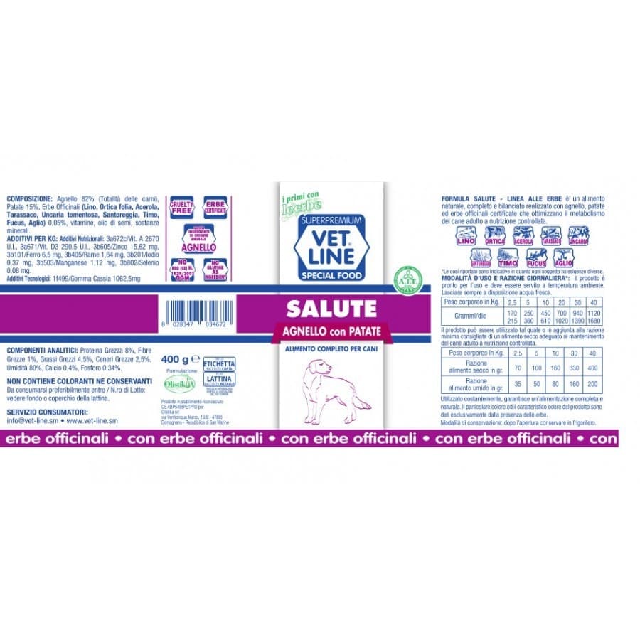 Vet Line mangime umido Cani linea Salute Agnello e Patate 400 gr in Secco 101 Market - Poggibonsi, commercioVirtuoso.it