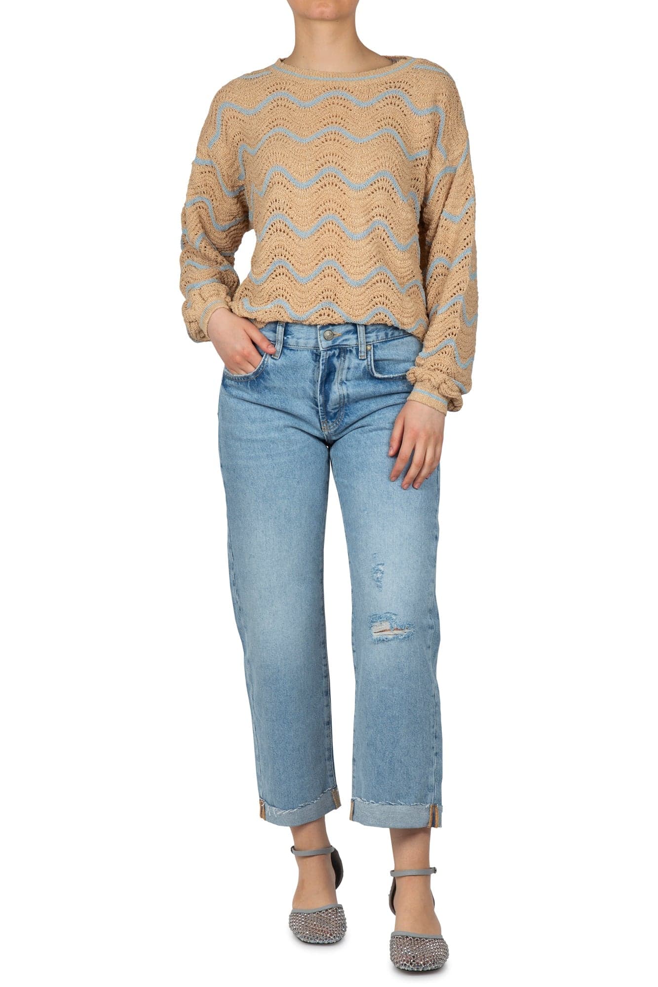LA FEMME BLANCHE La Femme Blanche - Maglia - 451436 - Beige/Azzurro da donna in Bluse e camicie Drestige - Casamassima, commercioVirtuoso.it