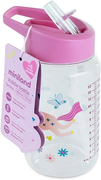 MINILAND Bottiglia per Bambini da 450ml, Borraccia con Cannuccia e Manico Ergonomico, Lavabile in Lavastoviglie, colore Fantasy in Borracce Sanitaria Gioia del Bimbo - Villa San Giovanni, commercioVirtuoso.it