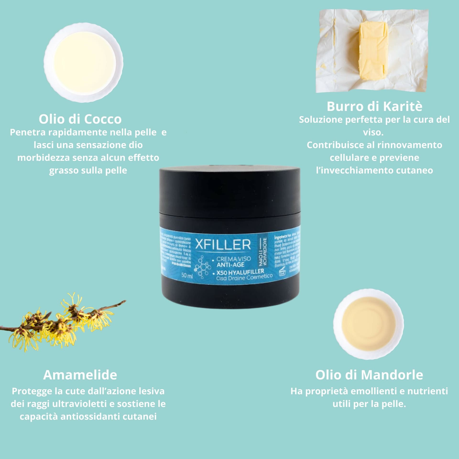 Xfiller - crema antirughe 100% naturale con x50 hyalufiller con drone cosmetico, arricchita con olio di mandorle dolci, burro di karitité, amamelide e olio di cocco pelle più giovane e luminosa 50ml in Trattamenti anti acne e anti macchie BasketGuru Italia - Palermo, commercioVirtuoso.it
