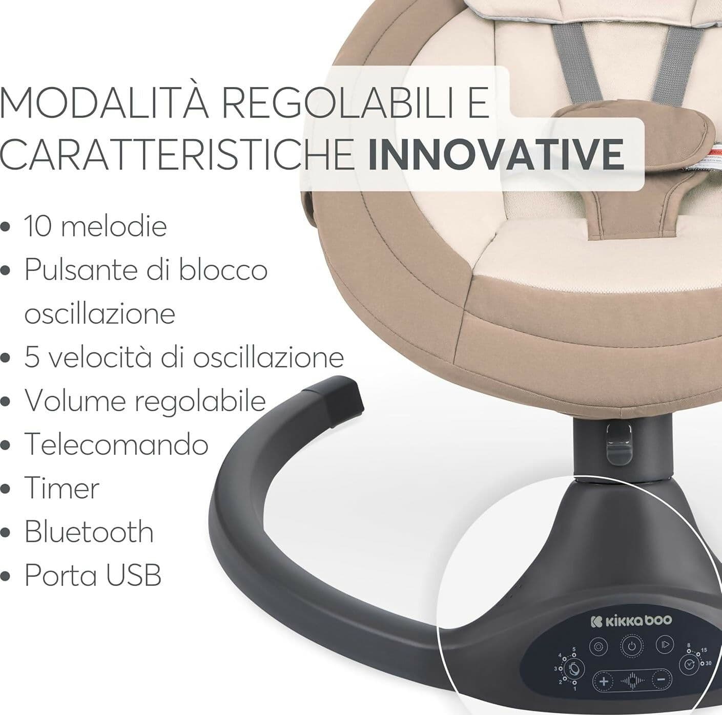 KIKKABOO Sdraietta Neonati Elettrica CODIE - Dondolo Elettrico per Neonati con Bluetooth, 5 Velocità, Schienale Regolabile, 10 Melodie, Fino a 9 kg, colore BEIGE - con Telecomando - rilassante, calmante in Sdraiette e dondolini Sanitaria Gioia del Bimbo - Villa San Giovanni, commercioVirtuoso.it