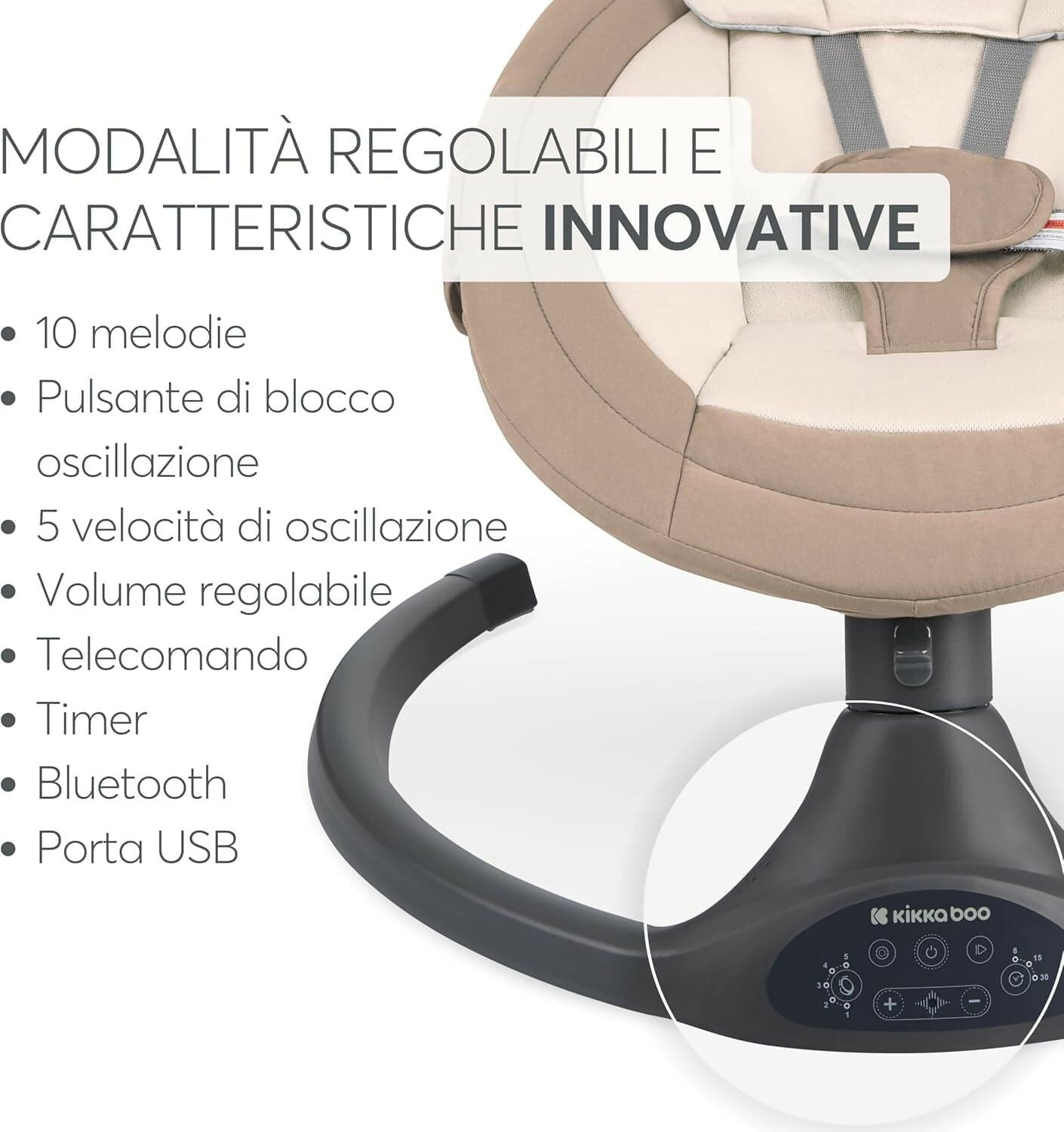 KIKKABOO Sdraietta Neonati Elettrica CODIE - Dondolo Elettrico per Neonati con Bluetooth, 5 Velocità, Schienale Regolabile, 10 Melodie, Fino a 9 kg, colore BEIGE - con Telecomando - rilassante, calmante in Sdraiette e dondolini Sanitaria Gioia del Bimbo - Villa San Giovanni, commercioVirtuoso.it