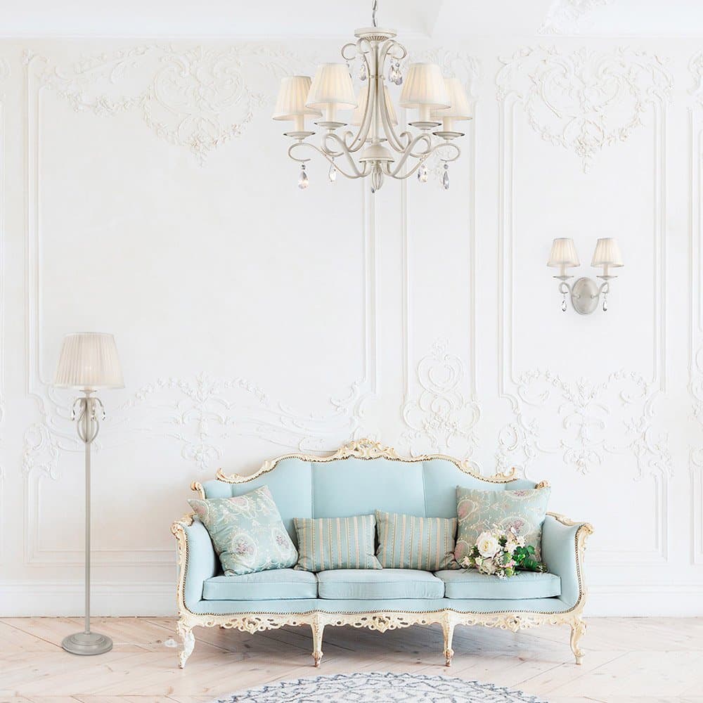 Lampadario Shabby Chic Brionia Metallo Beige 5 Luci Diffusori Vetro Bianchi in Lampadari LuceArt - Montecorvino Pugliano, commercioVirtuoso.it