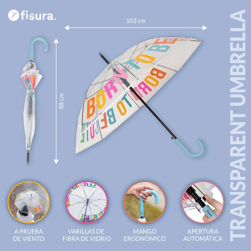 FISURA Ombrello trasparente con scritta "Born to be cute" in Autocategorizzazione Più Di Più Ideas - Casalnuovo di Napoli, commercioVirtuoso.it