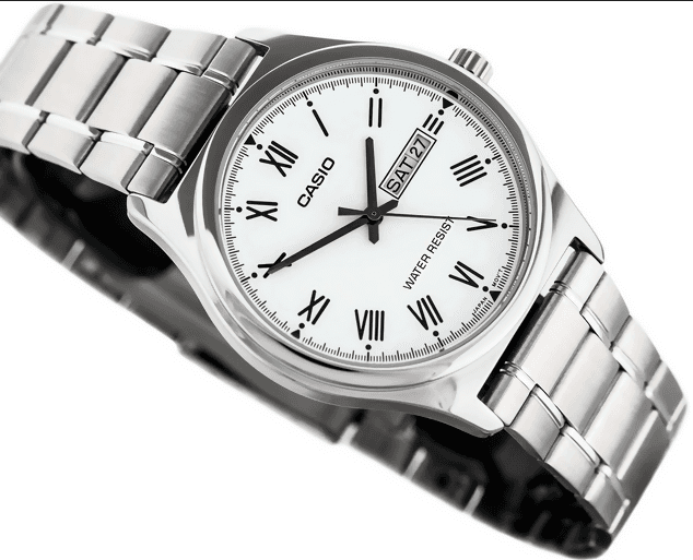 Orologio Casio per uomo, MTP-V006D-7B, quadrantre bianco con numeri romani, segna data e giorno della settimana in Orologi da polso Loweconomy - Marineo, commercioVirtuoso.it