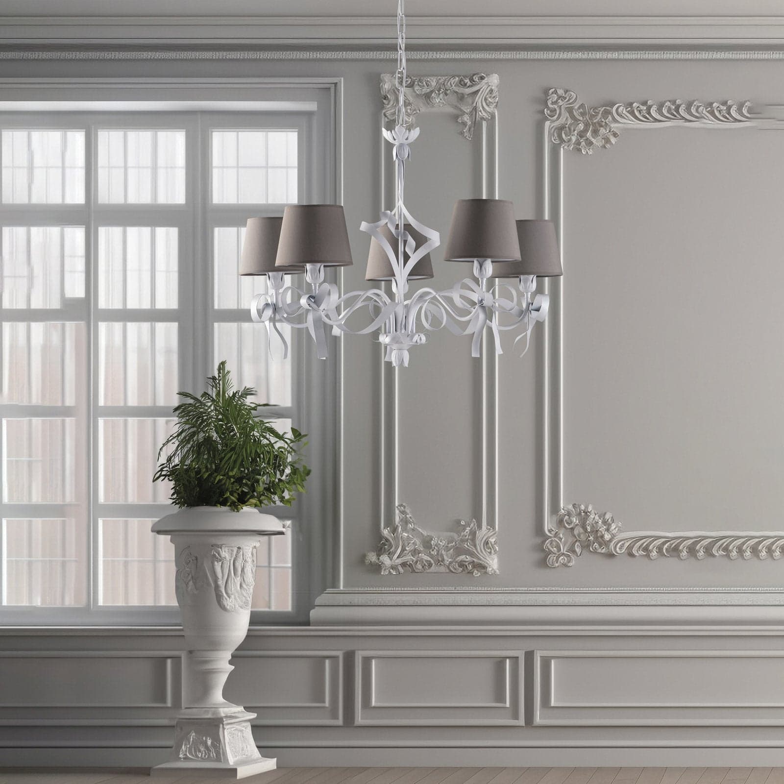 Lampadario Shabby Chic Lucy Bianco 5 Luci Paralume Bianco in Lampade a sospensione LuceArt - Montecorvino Pugliano, commercioVirtuoso.it