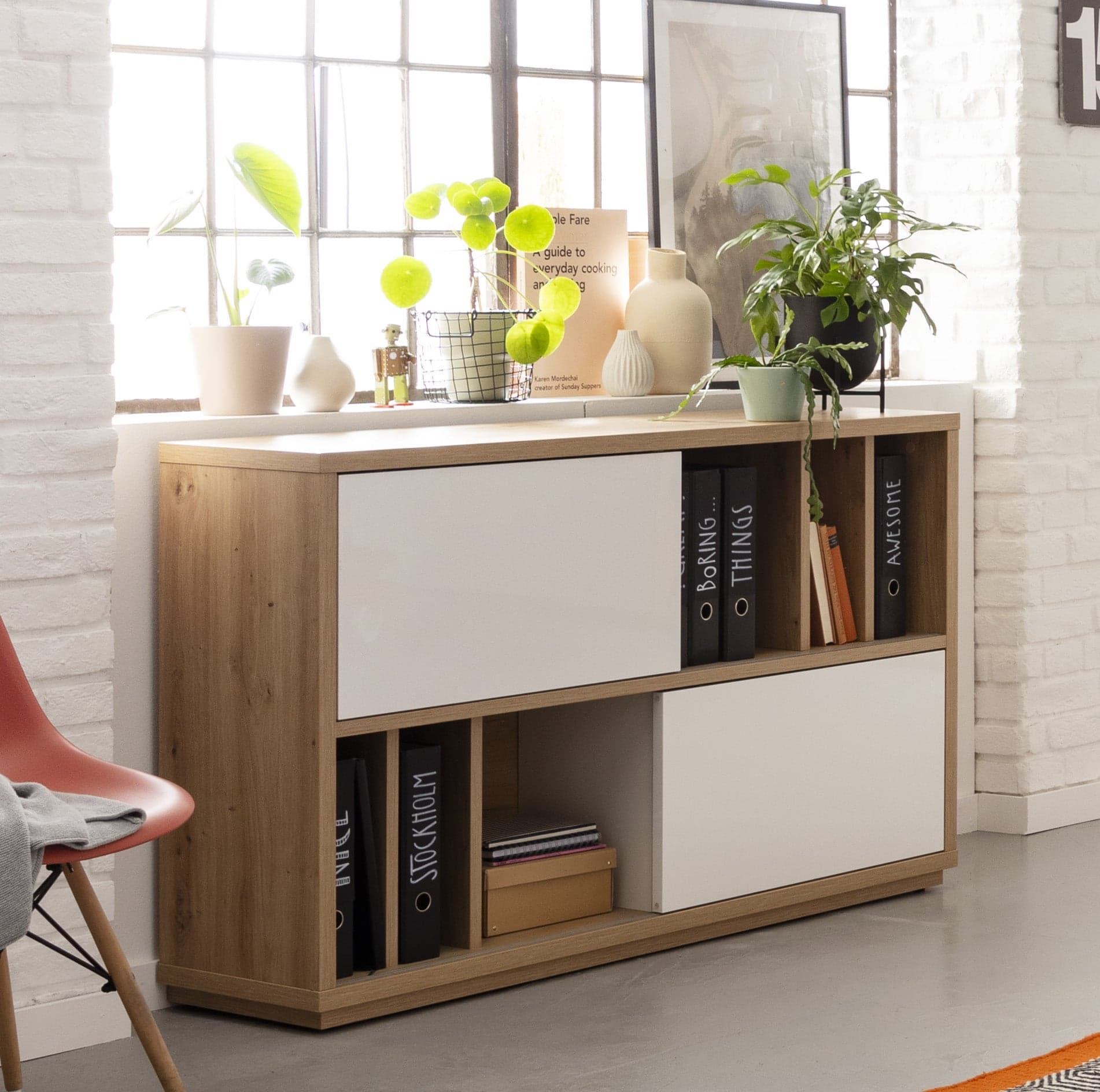 Libreria bassa in legno Rovere con ante scorrevoli da ufficio arredamento interno h 84 cm in Librerie Decor Space - Altamura, commercioVirtuoso.it