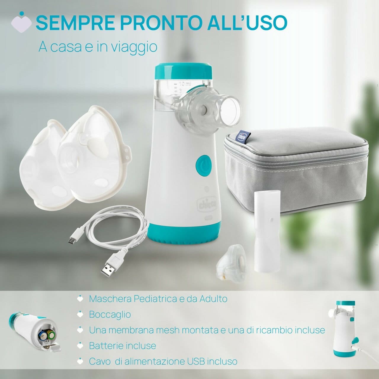 CHICCO Aerosol Easy Breath Go+ , aerosol mesh con membrana sostituibile , Portatile, Compatto e Leggero, Nebulizzatore Silenzioso, Adatto per Bambini e Adulti, dura nel tempo in Inalatori e aerosol elettrici Sanitaria Gioia del Bimbo - Villa San Giovanni, commercioVirtuoso.it