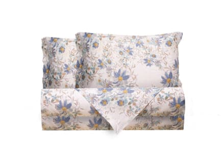 Completo letto lenzuola stampato stampa fantasia in raso di puro di cotone made in Italy MATRIMONIALE MAGNOLIE AZZURRO