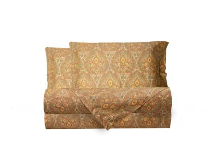 Completo letto lenzuola stampato stampa fantasia in raso di puro di cotone made in Italy MATRIMONIALE CACHEMIRE DORATO