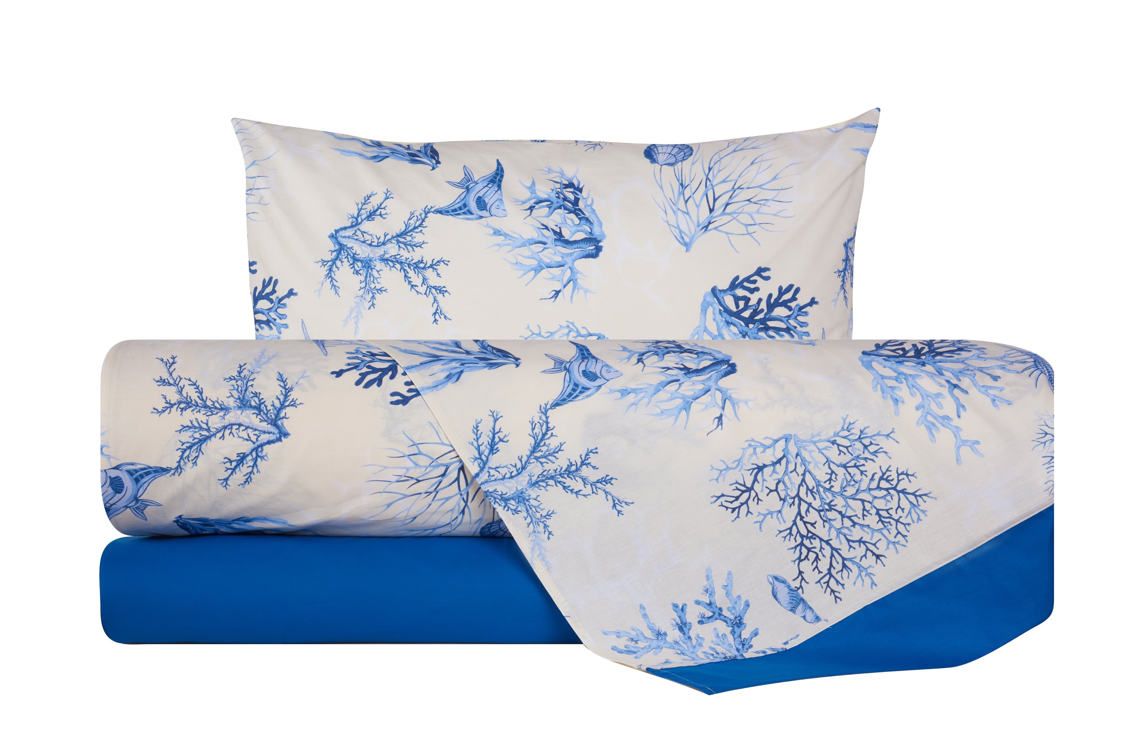 Completo letto lenzuola stampato Coralli Blu con bordo Tinta unita Bluette cotone made in Italy CORALLI BLU / BLUETTE in Set di lenzuola e federe Vanita di raso - Sesto San Giovanni, commercioVirtuoso.it