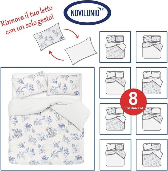 Set Copripiumino Federe Bifaccia Parure Copripiumino in Cotone Made in Italy Coralli 3 Pesci Mare D'inverno / Bianco in Set copripiumini e federe Vanita di raso - Sesto San Giovanni, commercioVirtuoso.it