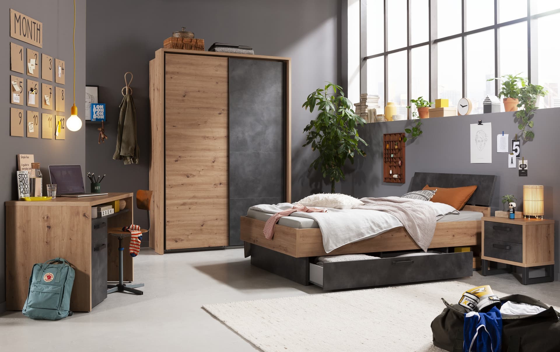 Letto a una piazza e mezzo rovere e cemento per cameretta LaFabrica - 6