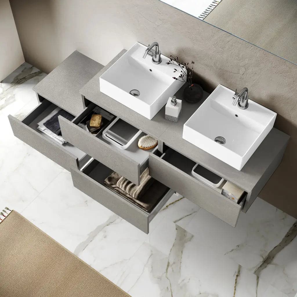 Composizione Bagno 160cm Con Doppio Lavabo Cassetti E Specchio Con Lampada - Mobile Bagno TFT