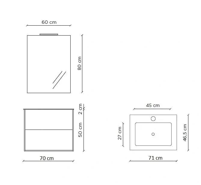 Composizione Mobile Bagno 70cm Sospeso Due Cassetti e Specchio - Mobile Bagno TFT