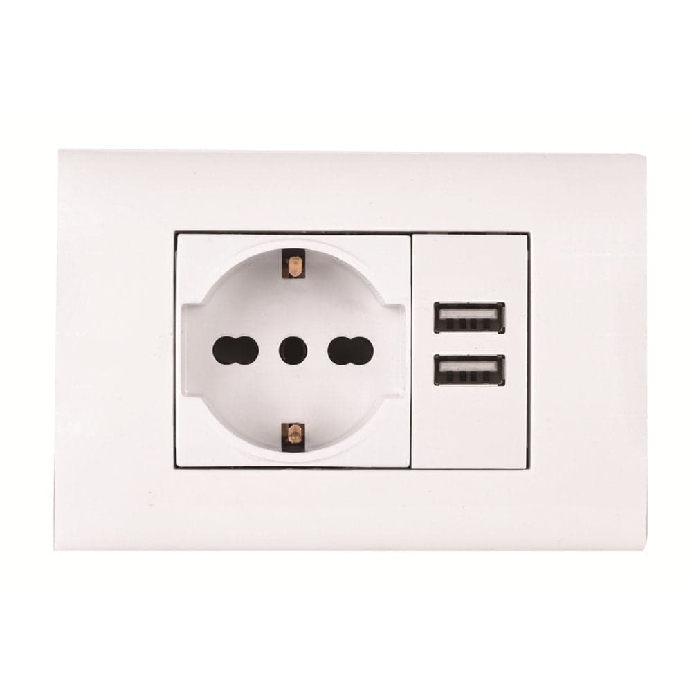 KIT 3 MODULI CON SUPPORTO+PLACCA+PRESA UNIV+MODULO CON 2USB 2.1A BIANCO