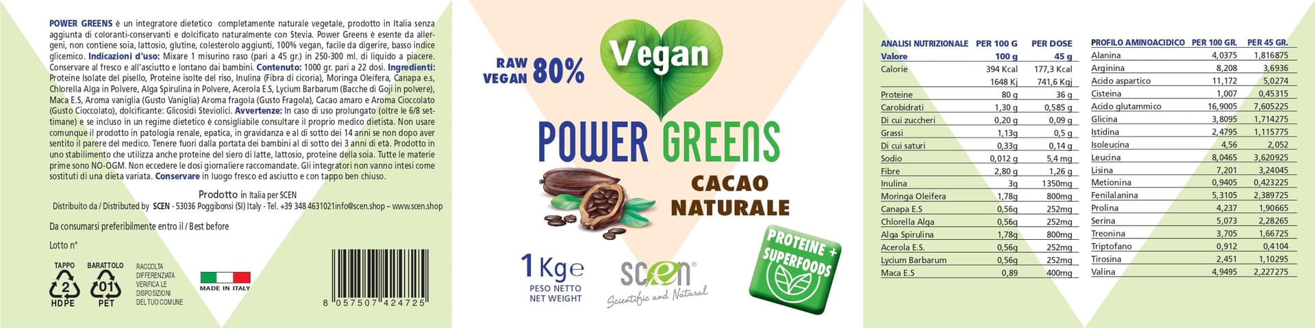 Power Greens - proteine vegetali + Superfoods - Gusto cioccolato - 1000 gr. in 7 Keto DHEA Scen Scientific and Natural - Poggibonsi, commercioVirtuoso.it