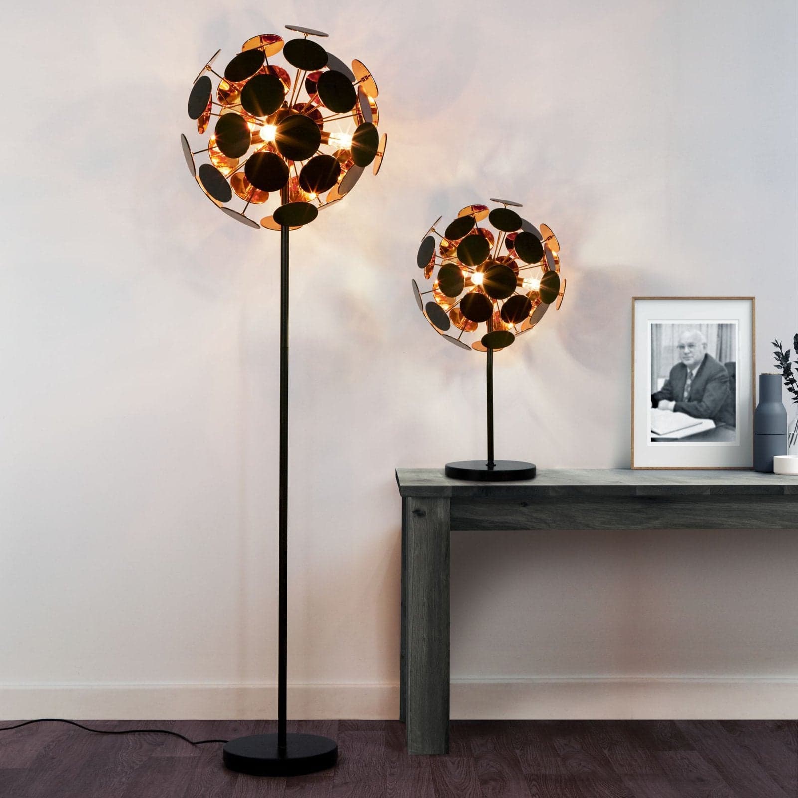 Piantana Contemporaneo Disco Acciaio Nero Policarbonato Oro 1 Luce E14 in Lampade da terra LuceArt - Montecorvino Pugliano, commercioVirtuoso.it