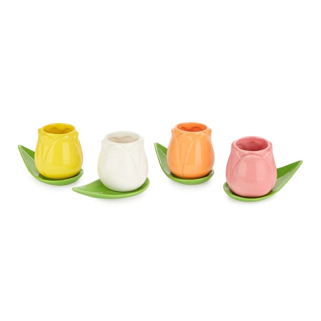 Set 4 tazzine da caffè tulipano ceramica colorata 100ml piattini foglia verde design primaverile balvi