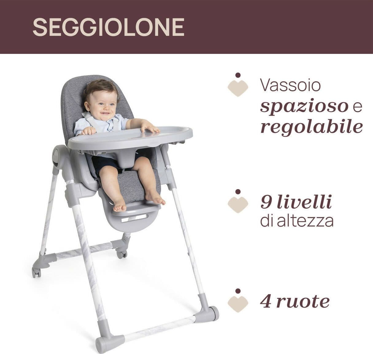CHICCO Polly Armonia Seggiolone Evolutivo Pappa per Bambini da 0 Mesi a 40 kg, Seggiolone Reclinabile a Sdraietta con Altezza e Poggiapiedi Regolabili, 4 Ruote, Chiusura Compatta, grigio scuro, colore CARRARA in Seggioloni Sanitaria Gioia del Bimbo - Villa San Giovanni, commercioVirtuoso.it