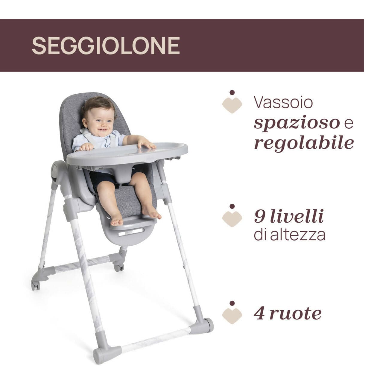 CHICCO Polly Armonia Seggiolone Evolutivo Pappa per Bambini da 0 Mesi a 40 kg, Seggiolone Reclinabile a Sdraietta con Altezza e Poggiapiedi Regolabili, 4 Ruote, Chiusura Compatta, grigio scuro, colore CARRARA in Seggioloni Sanitaria Gioia del Bimbo - Villa San Giovanni, commercioVirtuoso.it