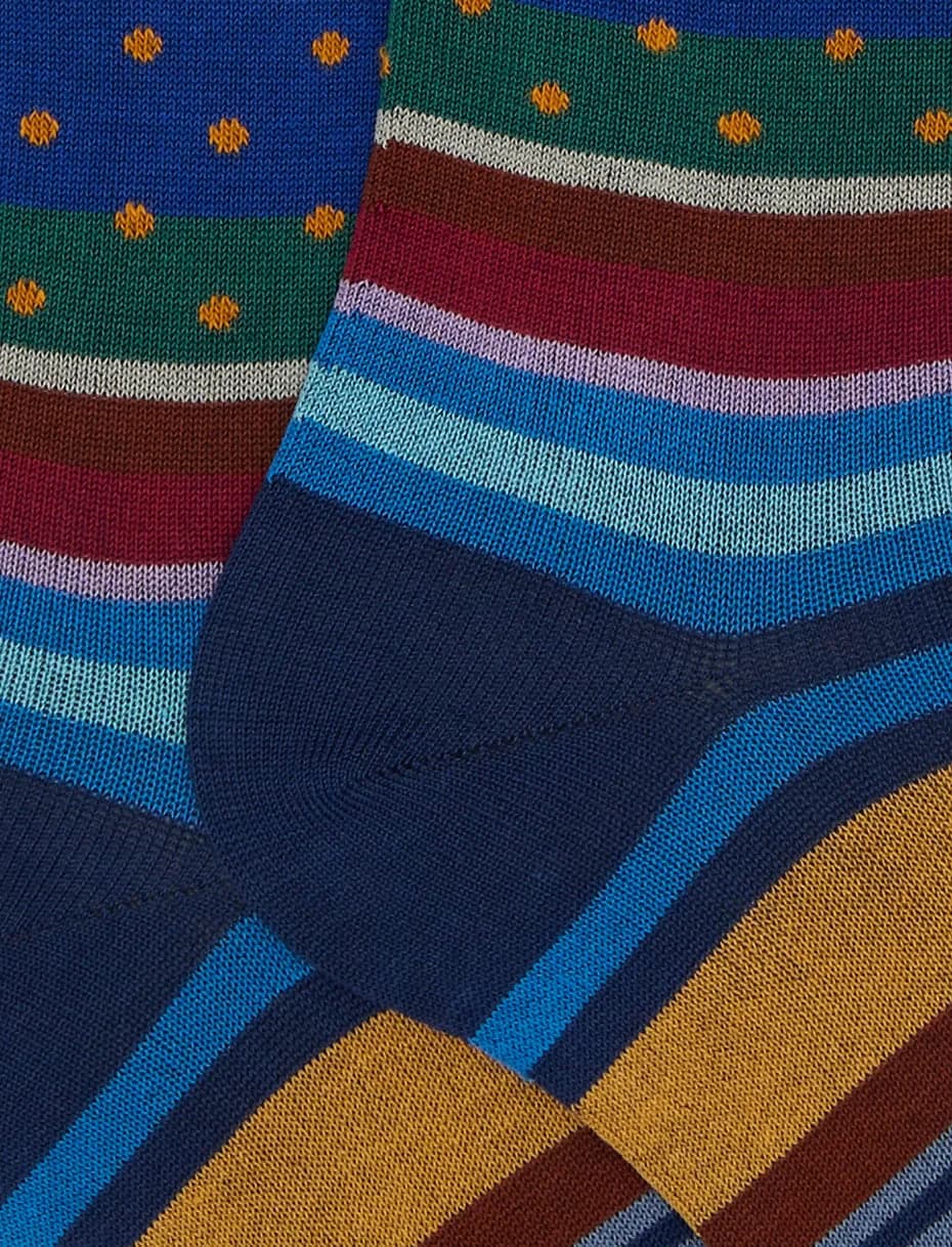 Gallo Calze uomo  lunghe cotone fantasia mix righe e pois blu