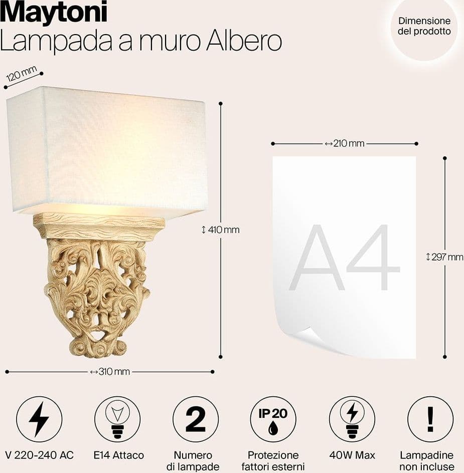 Applique Da Parete Classico Albero Metallo Tortora Acrilico 2 Luci E14 40W in Applique LuceArt - Montecorvino Pugliano, commercioVirtuoso.it