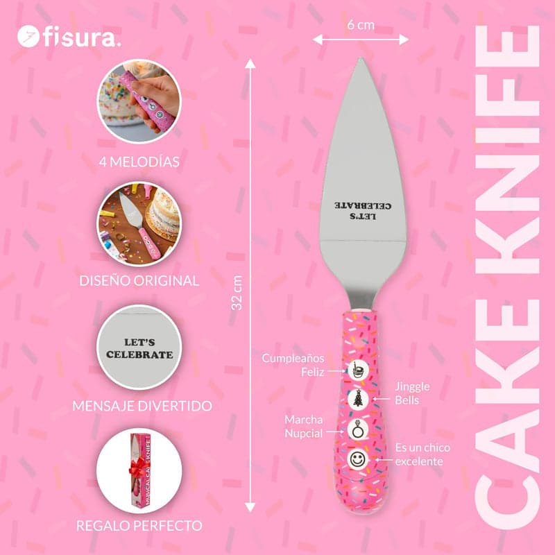 FISURA Coltello musicale per torta con scritta "Let's celebrate" in Autocategorizzazione Più Di Più Ideas - Casalnuovo di Napoli, commercioVirtuoso.it